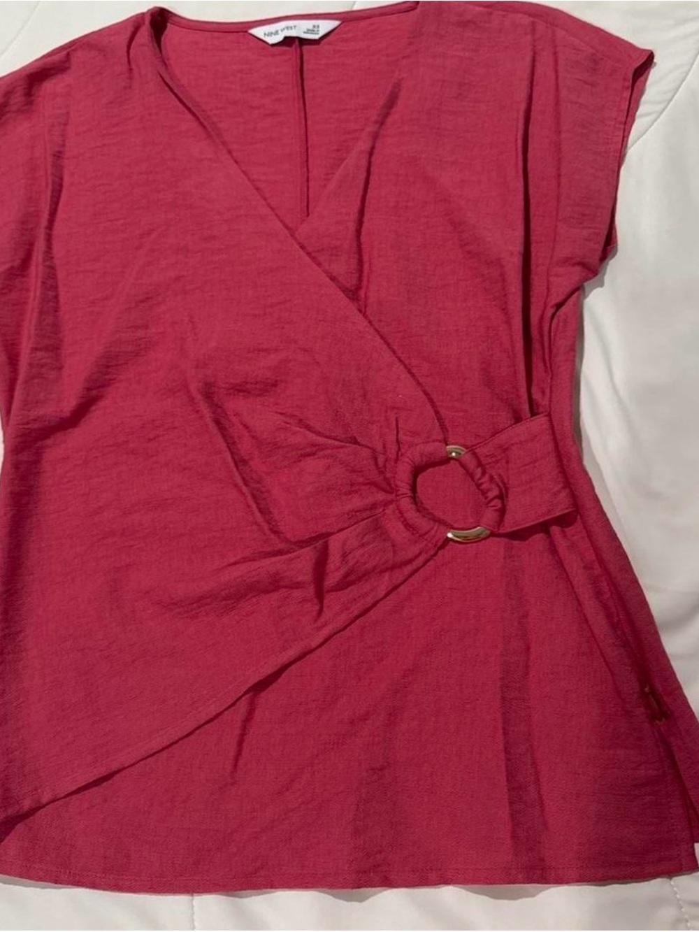 Nine West Raspberry Pink Wrap Top with Gold Ring Accent